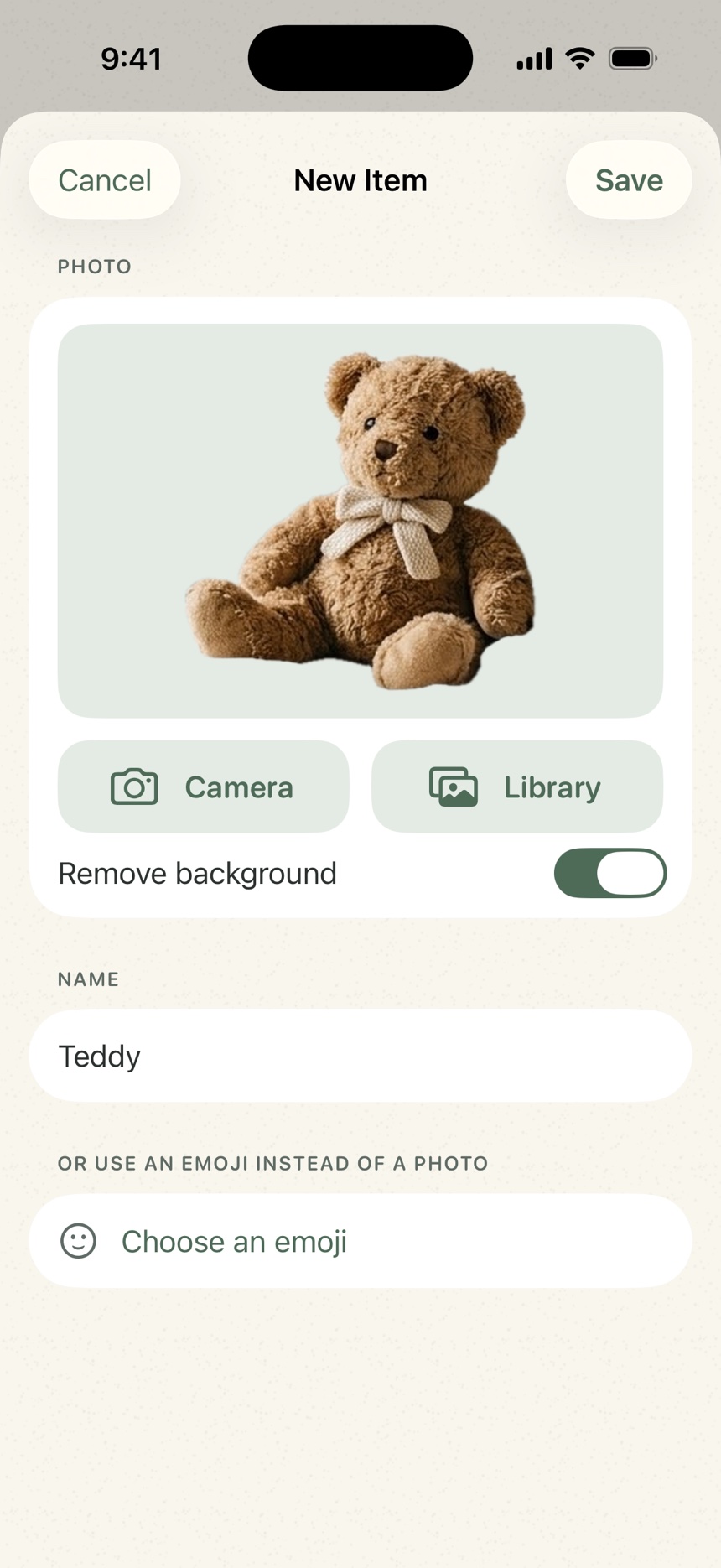 The item editor with a cutout of a familiar teddy, ready to save as a photo card.